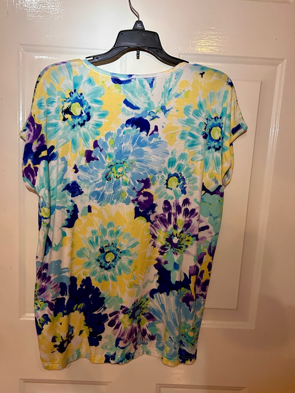 Chaps V-Neck Short Sleeve Floral Top - Blue, Yellow & Purple - Picture 3 of 3